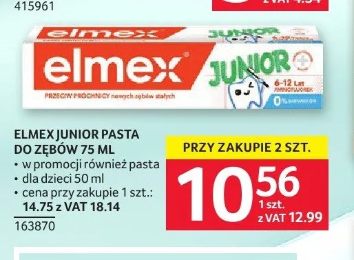 Pasta do zębów ELMEX JUNIOR 75ml promocja w Selgros