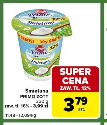 Śmietana PRIMO ZOTT zaw. tł. 12% promocja w Carrefour Express