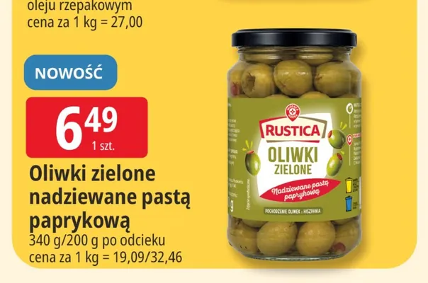 Oliwki zielone nadziewane pastą paprykową Rustica promocja w Leclerc