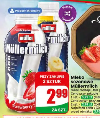 Mleko sezonowe Müllermilch o smaku truskawkowym promocja w Dino