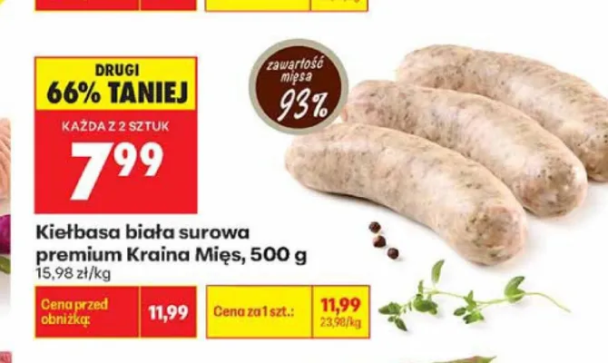Kiełbasa biała surowa premium Kraina Mięs promocja w Biedronka