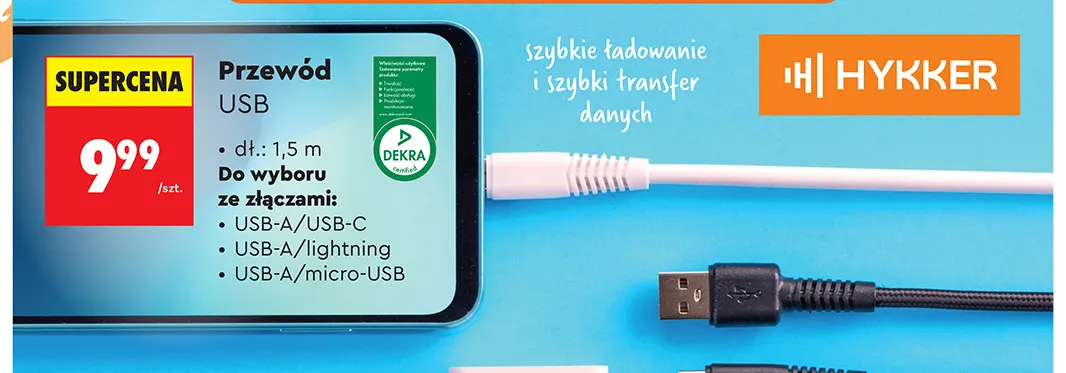 Przewód USB USB-A/lightning Hykker promocja w Biedronka