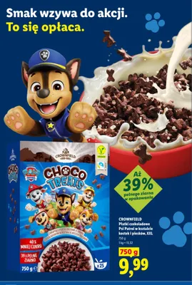 Płatki czekoladowe CROWNFIELD Psi Patrol w kształcie kostek i piesków XXL promocja w Lidl