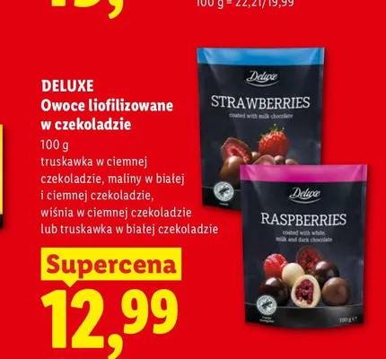 Owoce liofilizowane w czekoladzie maliny w białej i ciemnej czekoladzie Deluxe promocja w Lidl