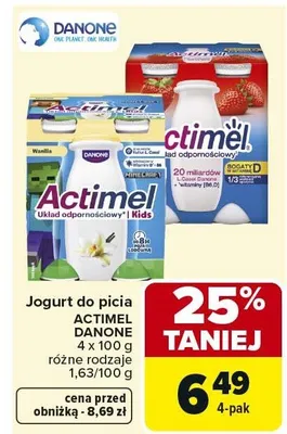 Jogurt do picia ACTIMEL DANONE 4x100g różne rodzaje promocja w Carrefour