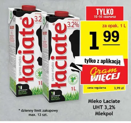 Mleko Łaciate UHT 3,2% promocja w Gram Market