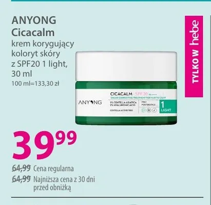 Krem korygujący koloryt skóry z SPF20 1 light ANYONG Cicacalm promocja w Hebe