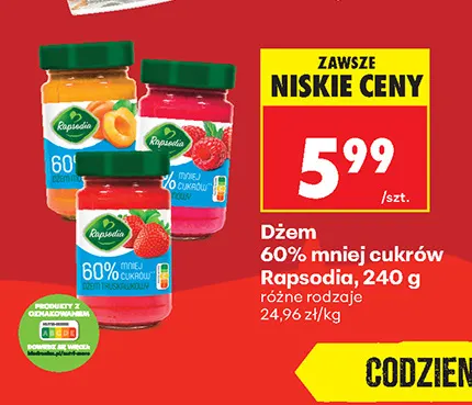 Dżem 60% mniej cukrów Rapsodia promocja w Biedronka