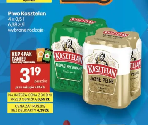 Piwo Kasztelan Niepasteryzowane 4-pak promocja w Delikatesy Centrum