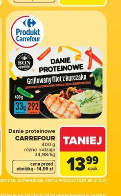 Danie proteinowe Carrefour Grillowany filet z kurczaka z pieczonymi warzywami i puree ziemniaczanym z dodatkiem brokuła promocja w Carrefour