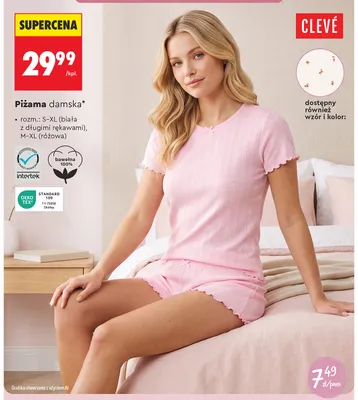 Piżama damska CLEVÉ biała z długimi rękawami promocja w Biedronka