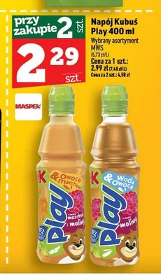 Napój Kubuś Play Woda Owoce Malina promocja w TOPAZ
