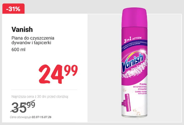Piana do czyszczenia dywanów i tapicerki Vanish promocja w Rossmann