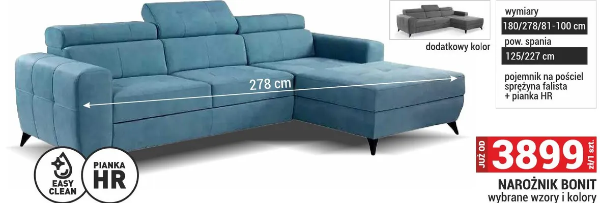 Narożnik BONIT wybrane wzory i kolory 180/278/81-100cm promocja w Merkury Market