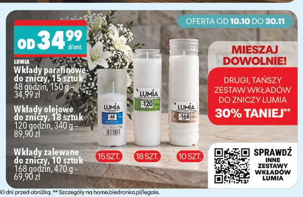 Wkłady olejowe do zniczy 18-pak 120 godzin Lumia promocja w Biedronka Home