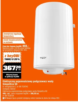 Elektryczny pojemnościowy podgrzewacz wody SimpatEco 50 promocja w OBI