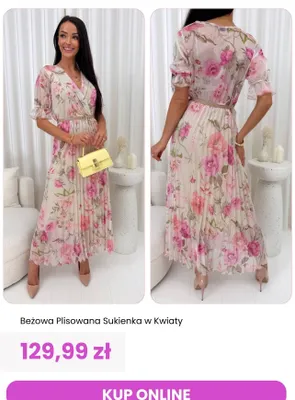 Sukienka damska plisowana beżowa w kwiaty ModnaKiecka.pl promocja w Modna Kiecka