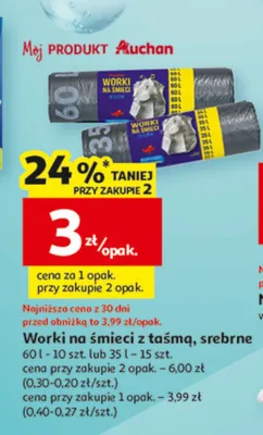 Worki na śmieci z taśmą, srebrne 60 l - 10 szt. lub 35 l - 15 szt. promocja w Auchan