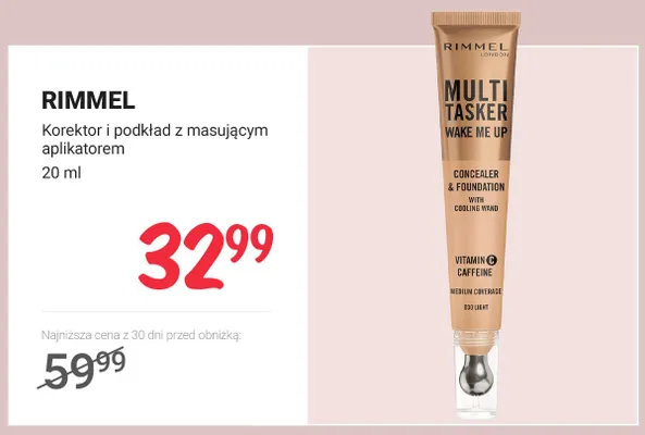 Korektor i podkład z masującym aplikatorem Rimmel Multi Tasker Wake Me Up promocja w Rossmann