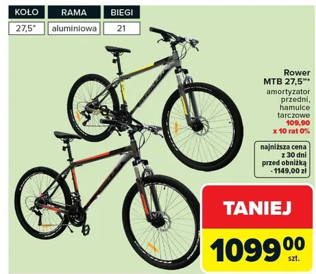 Rower MTB 27,5" amortyzator przedni hamulce tarczowe promocja w Carrefour