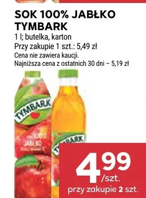 Sok 100% jabłko Tymbark promocja w Stokrotka