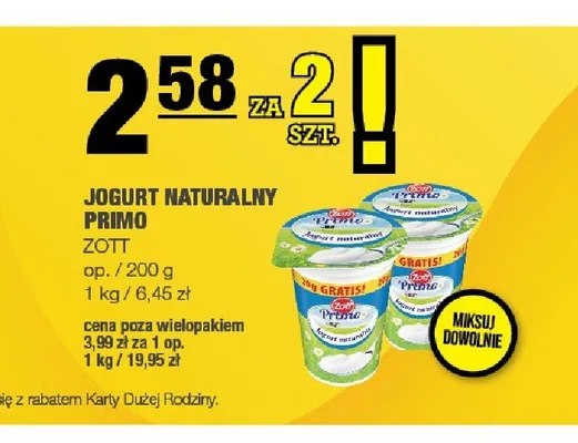 Jogurt naturalny Primo Zott promocja w SPAR