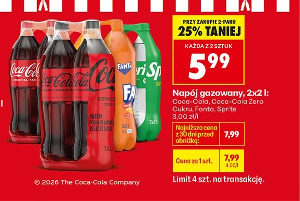 Napój gazowany Coca-Cola, Coca-Cola Zero 2x2 l promocja w Biedronka