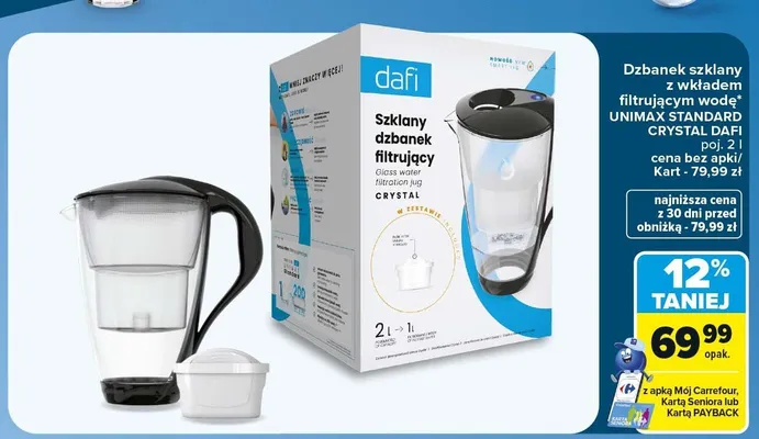 Dzbanek szklany z wkładem filtrującym wodę Unimax Standard Crystal Dafi promocja w Carrefour