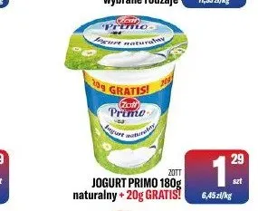 Jogurt Primo naturalny Zott 180 g + 20 g gratis promocja w Tomi Markt