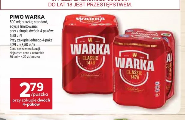 Piwo Warka Classic 4-pak promocja w Stokrotka