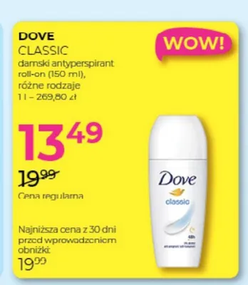 Antyperspirant damski roll-on Dove Classic promocja w Drogerie Jawa