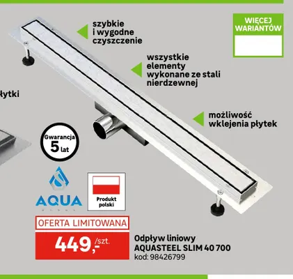 Odpływ liniowy Aquasteel Slim 40 700 promocja w Leroy Merlin
