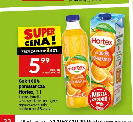 Sok pomarańcza Hortex 100% promocja w Twój Market