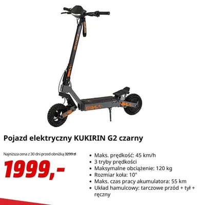 Pojazd elektryczny KUKIRIN G2 czarny promocja w Media Markt