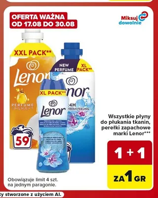 Płyny do płukania tkanin, perełki zapachowe marki Lenor promocja w Carrefour Market