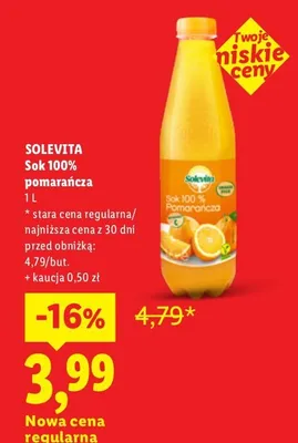 Sok 100% pomarańcza Solevita promocja w Lidl