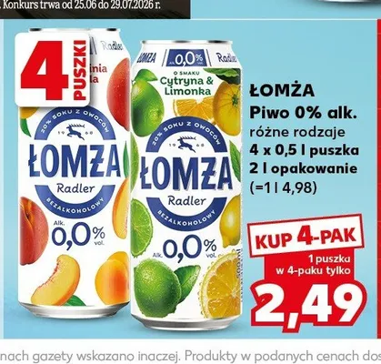 Piwo bezalkoholowe Łomża Radler Cytryna & Limonka 4-pak promocja w Kaufland