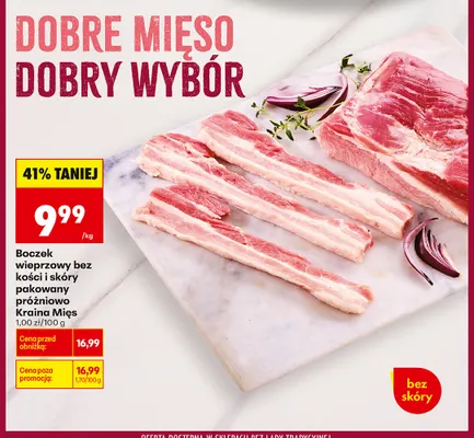 Boczek wieprzowy bez kości i skóry pakowany próżniowo Kraina Mięs promocja w Biedronka