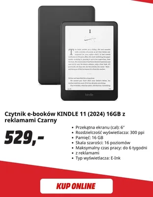 Czytnik e-booków Kindle 11 (2024) 16GB z reklamami czarny promocja w Media Markt