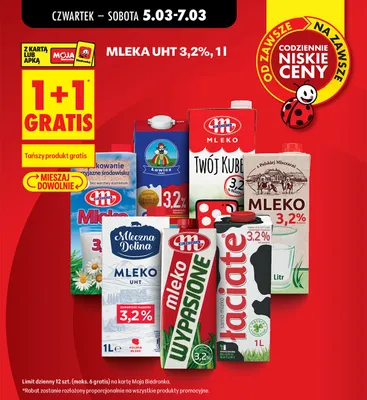 Wszystkie mleka UHT 3,2% 1+1 GRATIS promocja w Biedronka