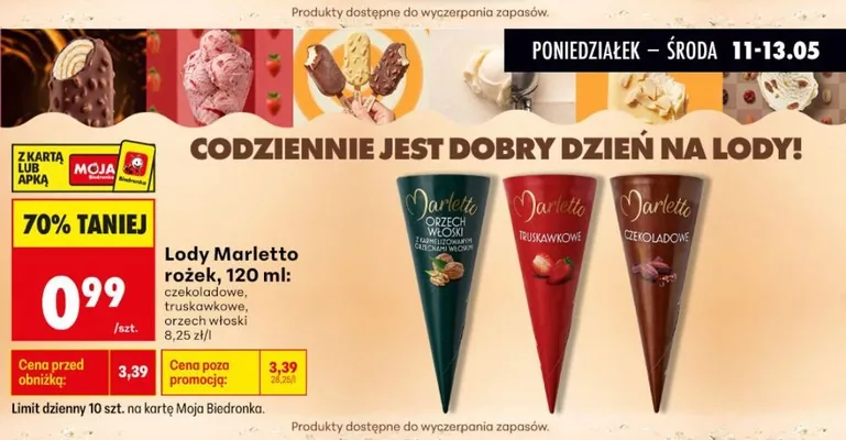 Lody Marletto rożek orzech włoski 120ml promocja w Biedronka