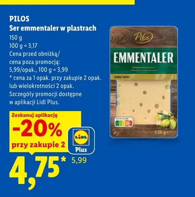 Ser emmentaler w plastrach Pilos promocja w Lidl