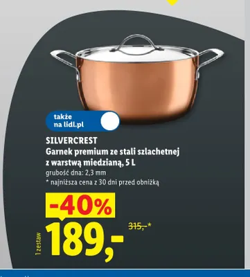 Garnek premium ze stali szlachetnej z warstwą miedzianą 5 l Silvercrest promocja w Lidl