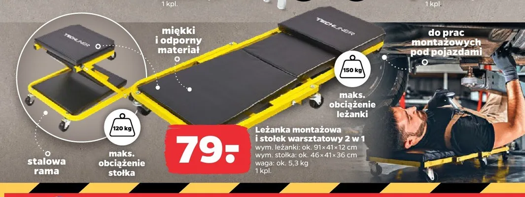 Leżanka montażowa i stołek warsztatowy 2w1 Techliner promocja w Netto