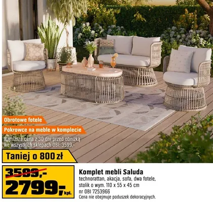 Komplet mebli Saluda technorattan akacja sofa dwa fotele stolik 110x55x45cm promocja w OBI