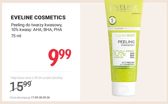 Peeling do twarzy kwasowy 10% kwasy AHA BHA PHA Eveline Cosmetics promocja w Rossmann