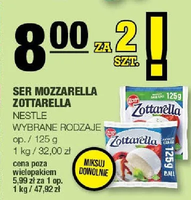 Ser mozzarella Zottarella Nestle wybrane rodzaje promocja w SPAR