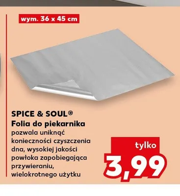 Folia do piekarnika SPICE & SOUL pozwala uniknąć konieczności czyszczenia dna wysokiej jakości powłoka zapobiegająca przywieraniu wielokrotnego użytku wym. 36x45cm promocja w Kaufland