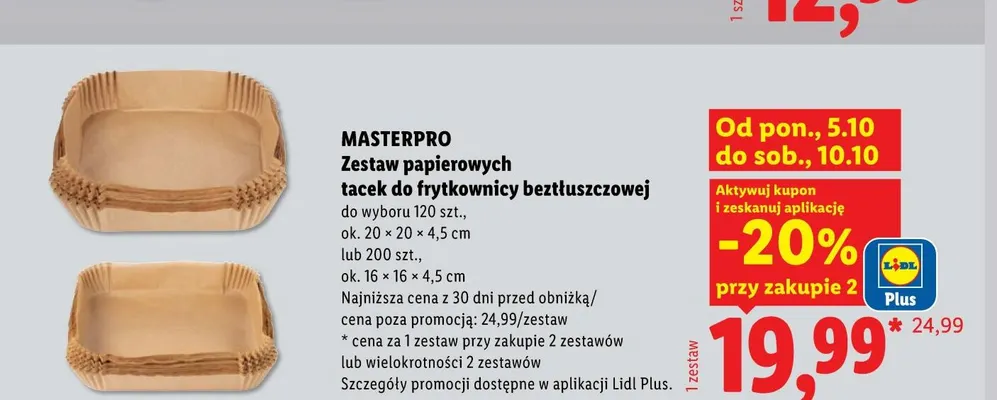 Zestaw papierowych tacek do frytkownicy beztłuszczowej 16x16x4,5 cm 200-pak Masterpro promocja w Lidl