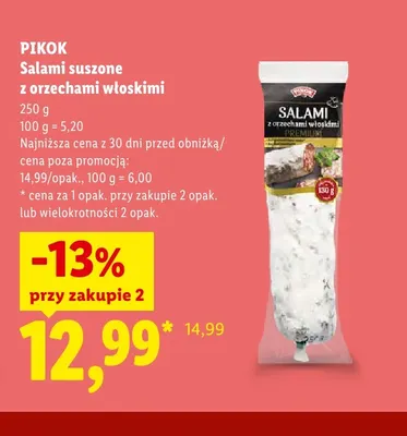 Salami suszone z orzechami włoskimi Pikok promocja w Lidl